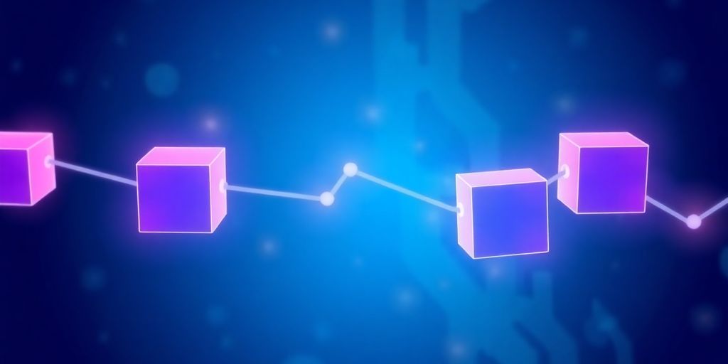 Colorful blocks connected in a blockchain design.