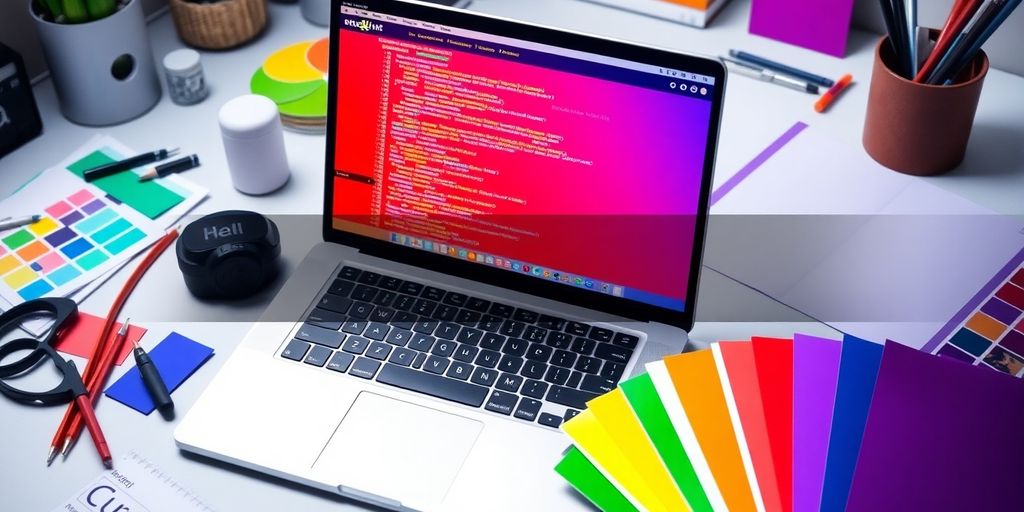 A vibrant workspace with a laptop and design tools.