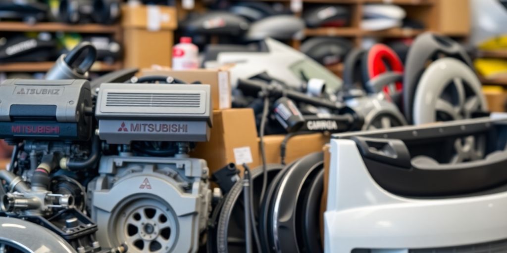 Assortment of shiny new Mitsubishi car parts.