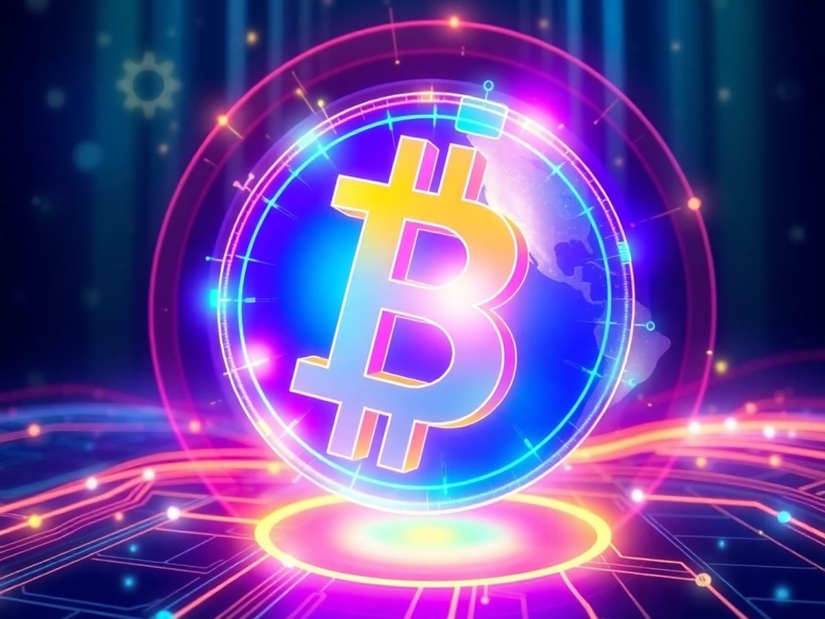Futuristic digital currency symbol with global connectivity elements.