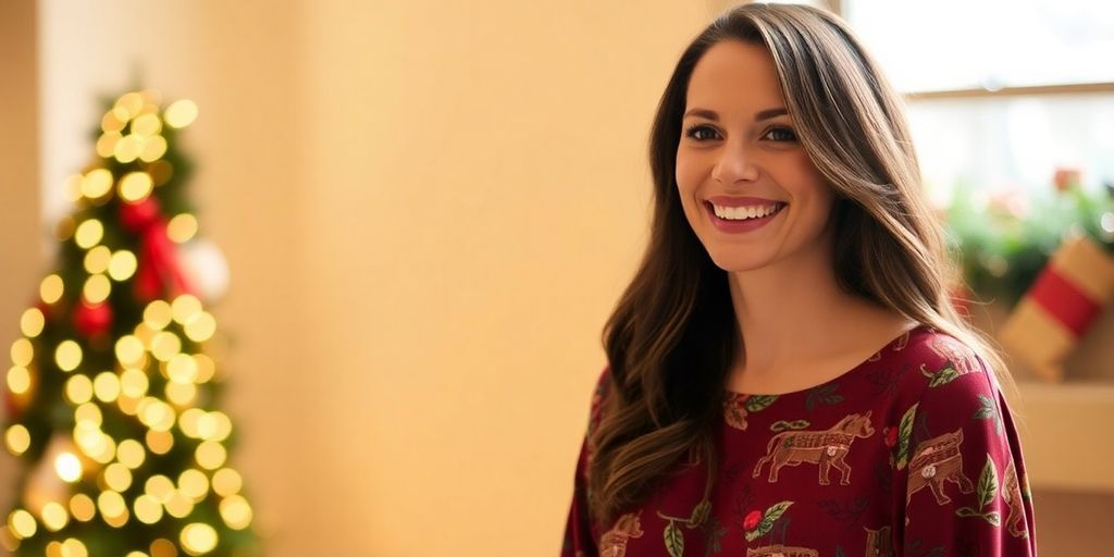 Woman wearing a festive casual holiday dress.