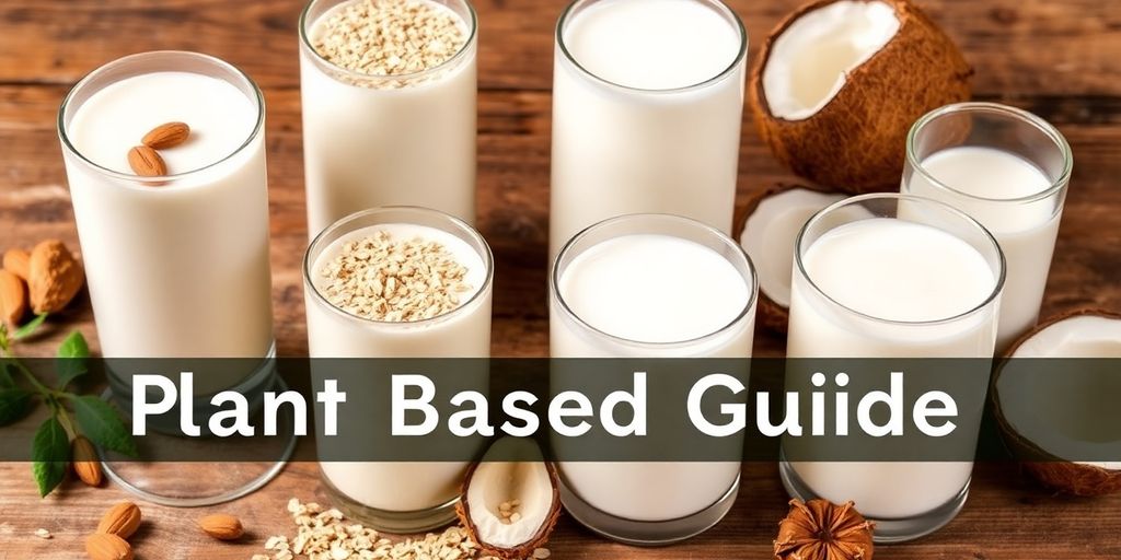 Various plant-based milks with fresh ingredients on wood.