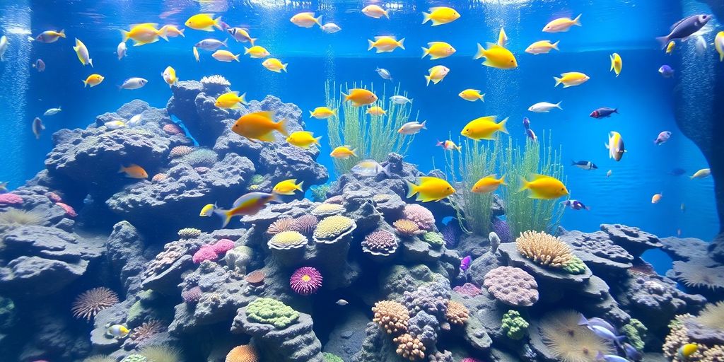 色彩斑斓的海洋水族馆，里面有鱼和珊瑚礁。