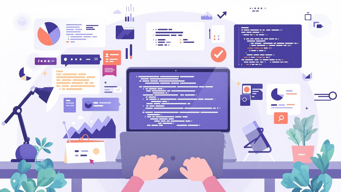 En webutvikler jobber med koden på en laptop.