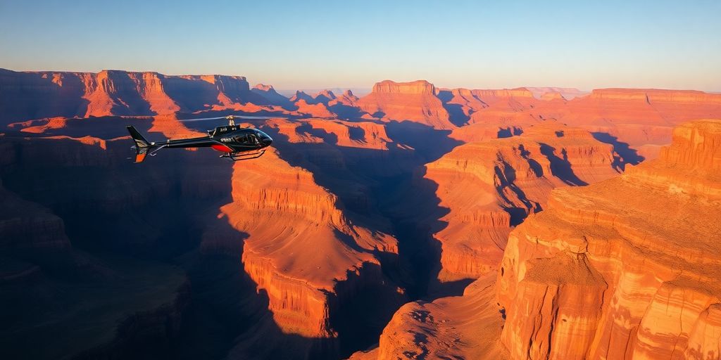 A tour helicopter flying over the vast Grand Canyon.