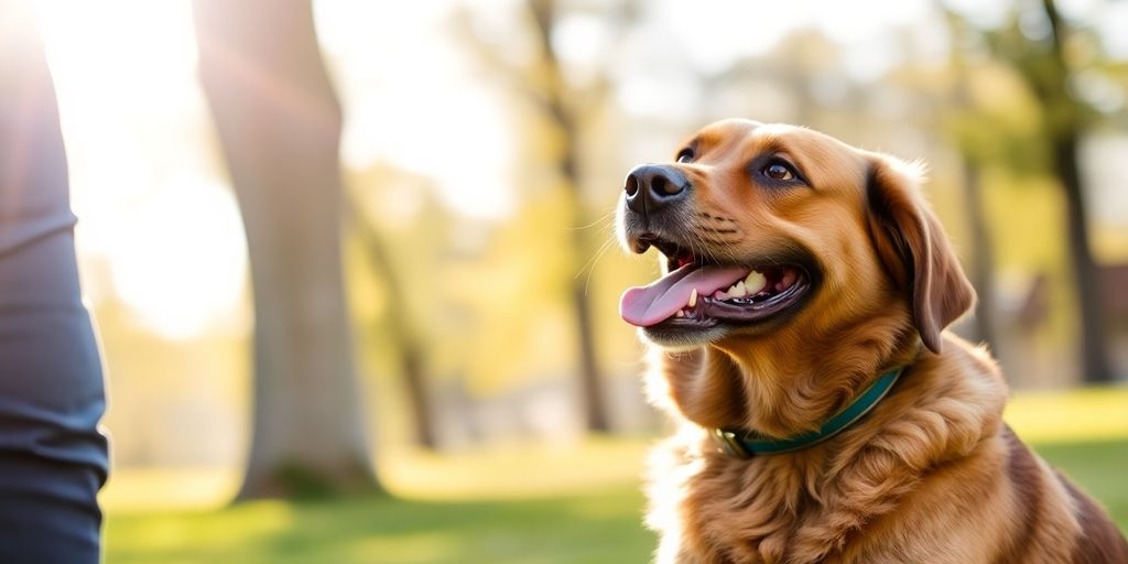 Dog training with treats in a sunny park setting.