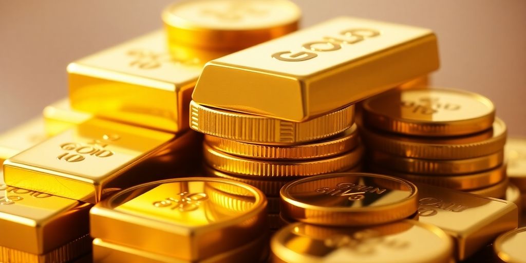 Pièces et barres d’or brillantes sur une table.