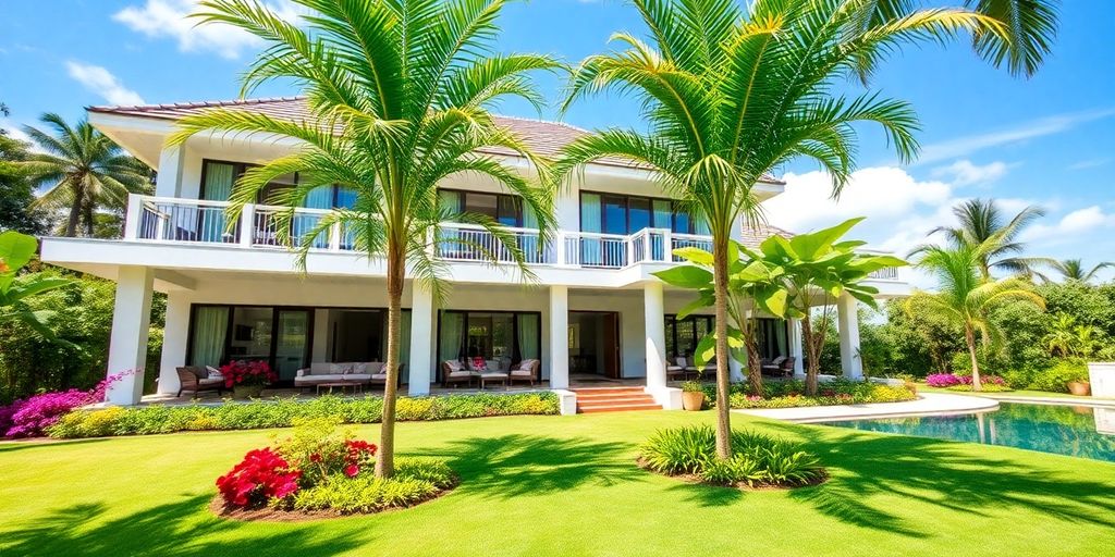 Phuket villa with tropical landscaping and clear blue sky.