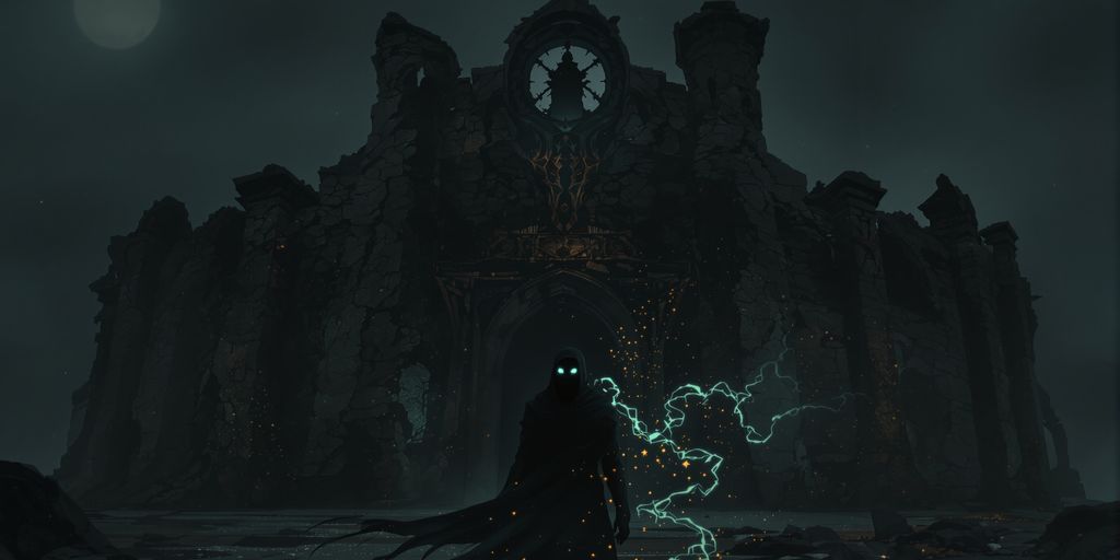 Mysterious figure in front of a crumbling arcane structure.