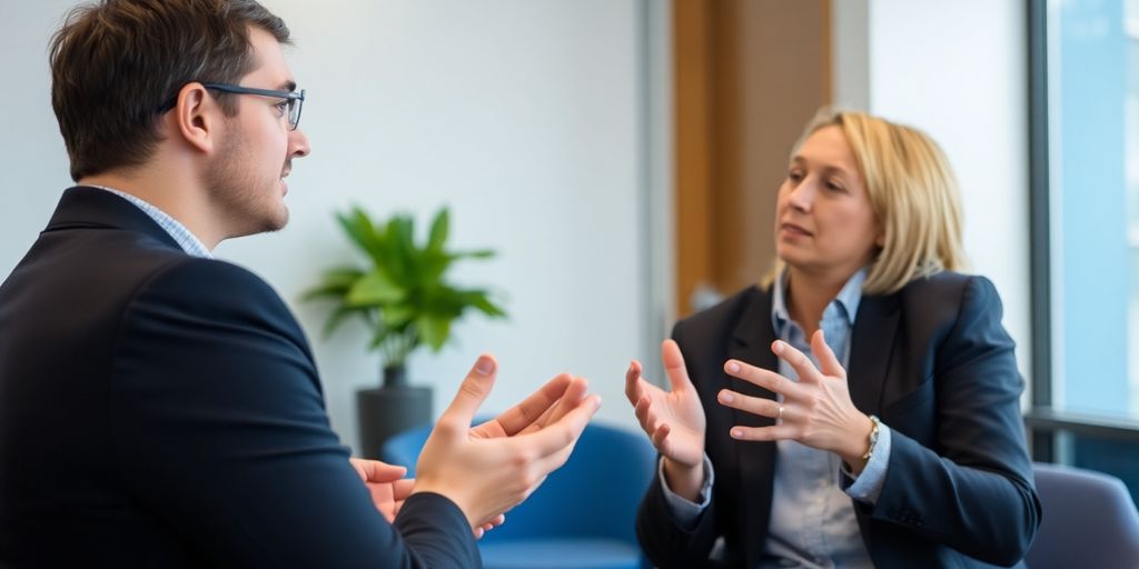 So planen Sie Ihren Personalbedarf optimal mit Zeitarbeit Ein professionelles Büro mit zwei Personen, die sich unterhalten.
