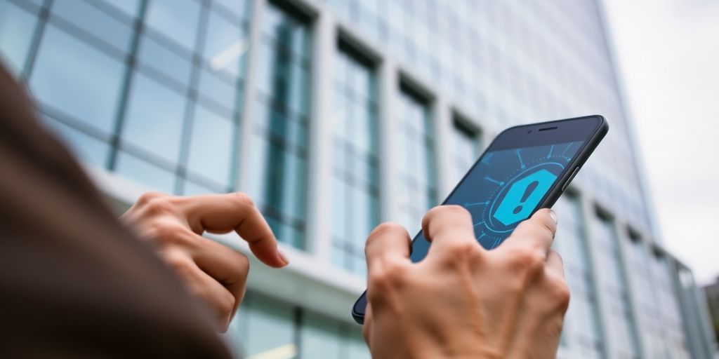 Person using smartphone near modern building, focusing on privacy.