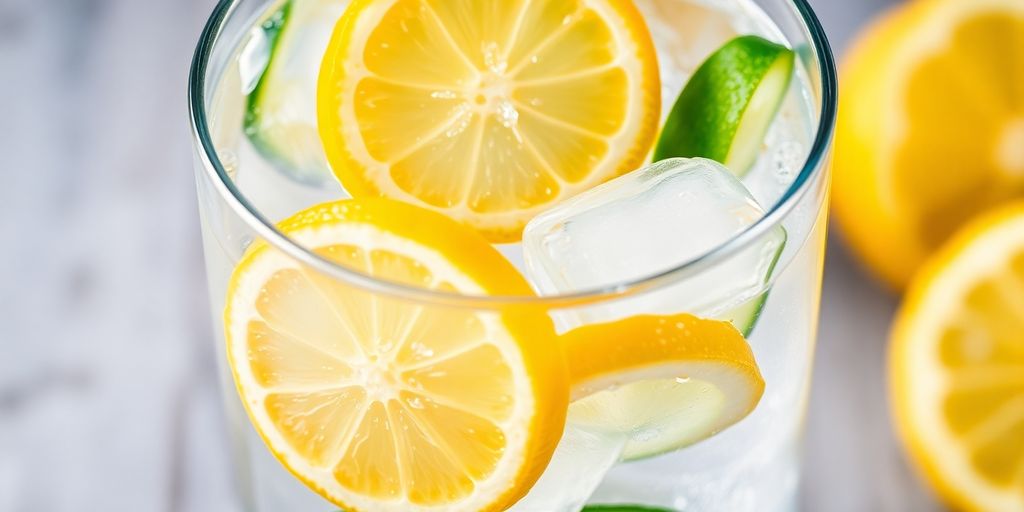Glass of water with fruit slices and ice.