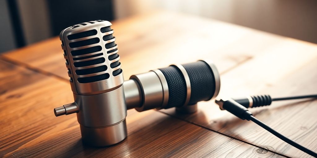 Podcast microphone on a wooden desk.