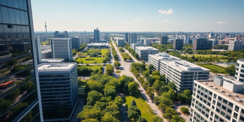 Modern city skyline with green spaces.