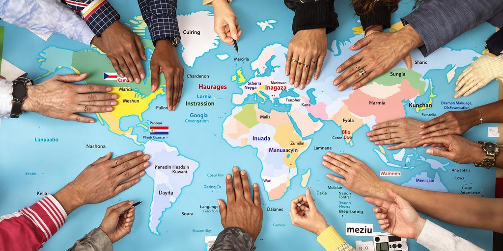 Professionals collaborating with a world map in the background.