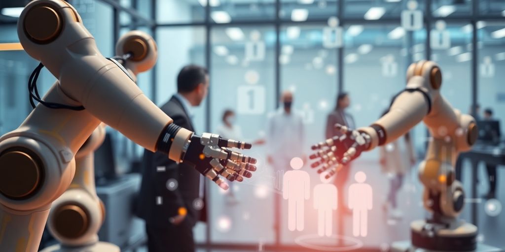 Robots interactuando con clientes en un entorno empresarial.