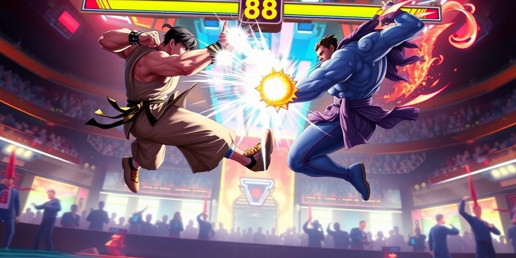 Two competitive fighting game characters clashing in an arena.