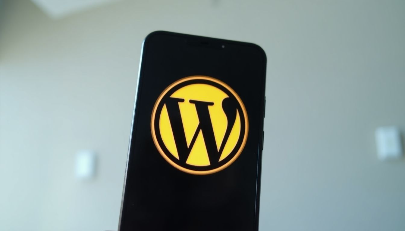 Mobile phone with gold WordPress logo.