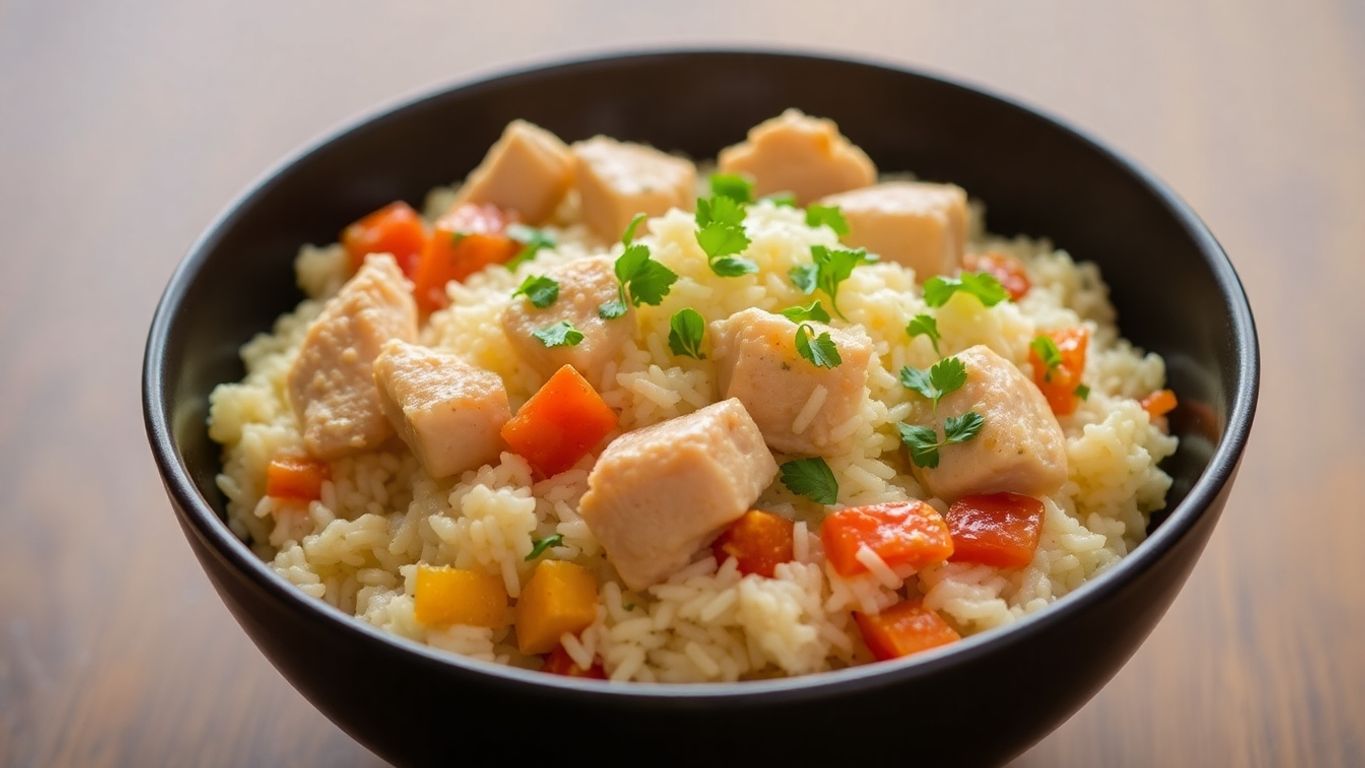 Prato de arroz fricassê com frango e legumes.