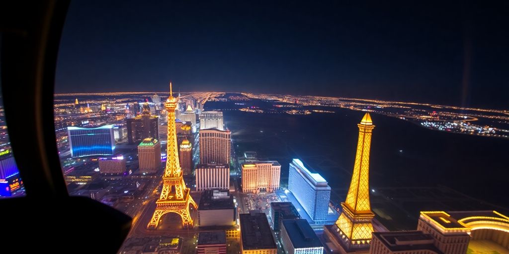 Helicopter view of the Las Vegas Strip at night.