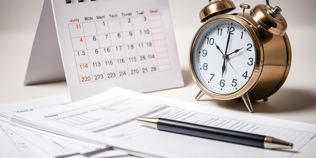 Clock, calendar, and payroll documents.