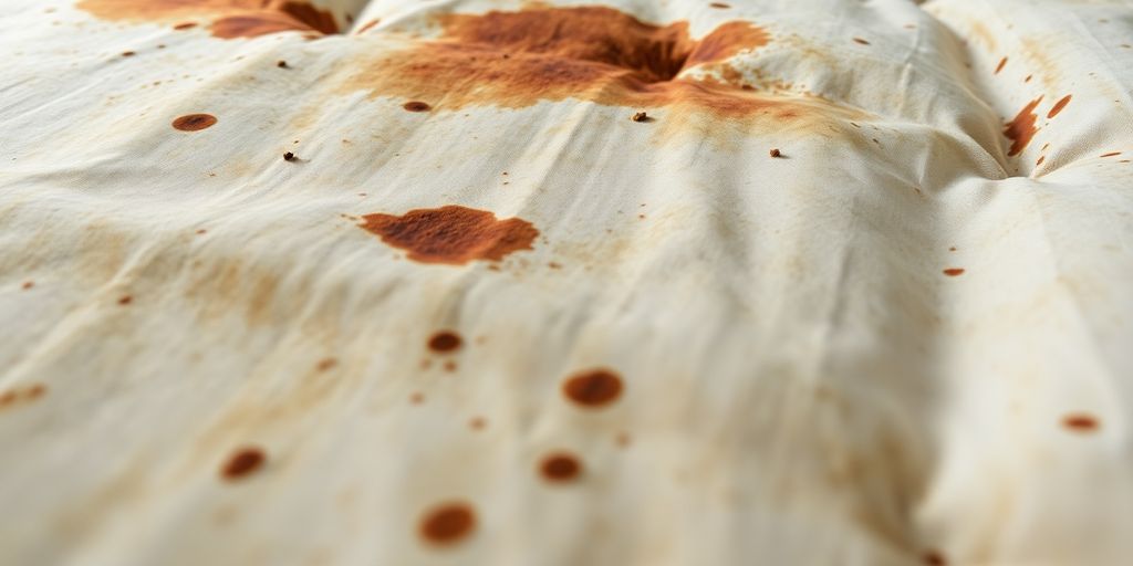 Stained mattress showing rusty and dark spots.