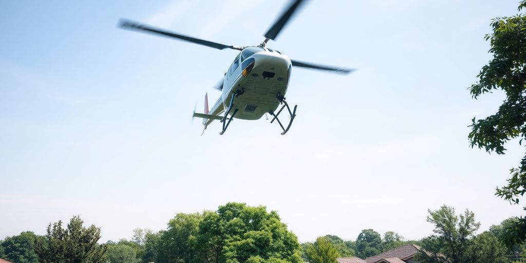 A news helicopter flying over a residential neighborhood.