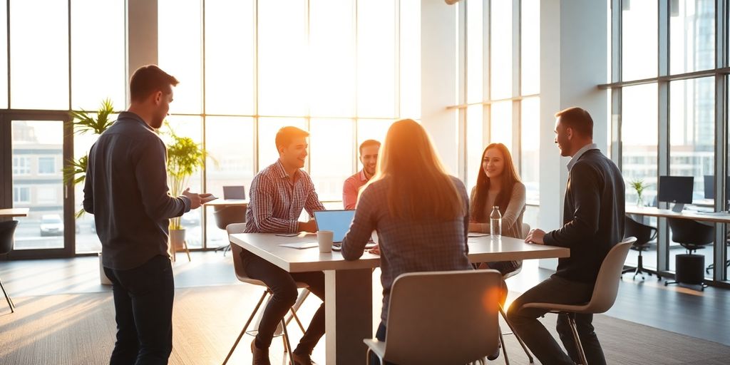 Team collaborating in a bright, modern office space.