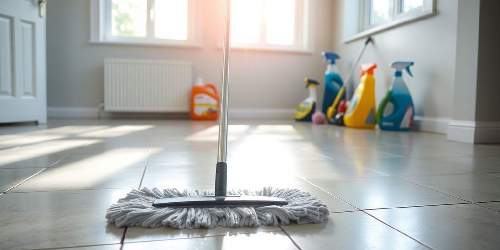 Bright room with cleaning supplies to prevent mold growth.