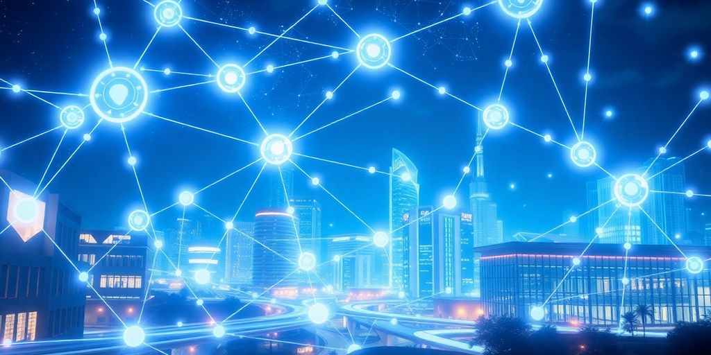 Futuristic landscape with interconnected blockchain nodes and lights.