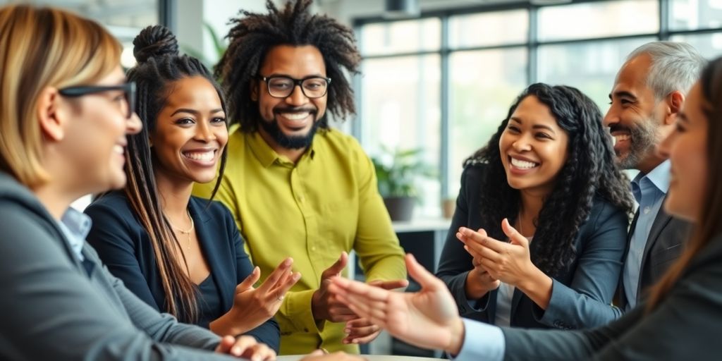 Diverse professionals discussing ideas in a modern office.
