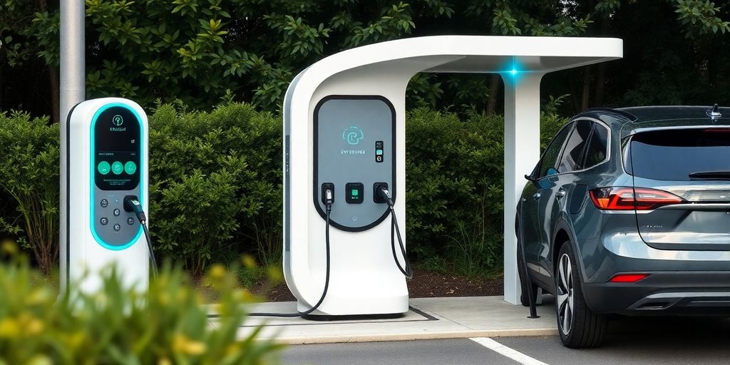 Electric vehicle charging at a modern station outdoors.