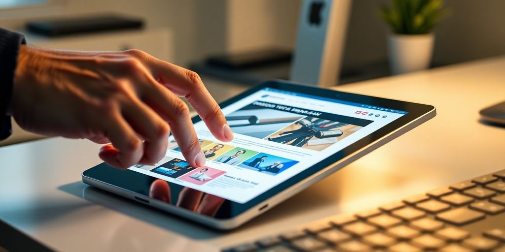 Hand interacting with tablet displaying website design on modern desk.