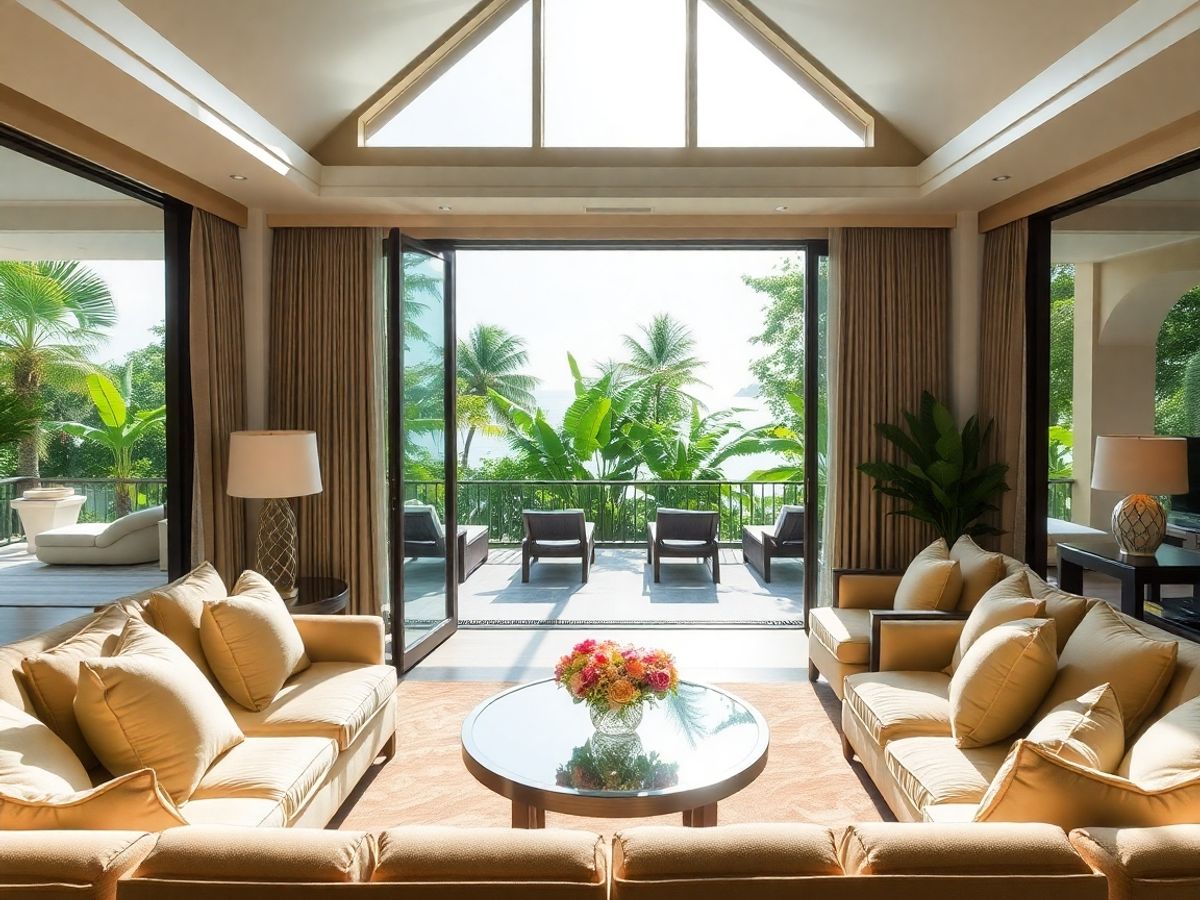 Luxuriöses Villeninterieur mit großen Fenstern mit Blick auf eine tropische Landschaft.