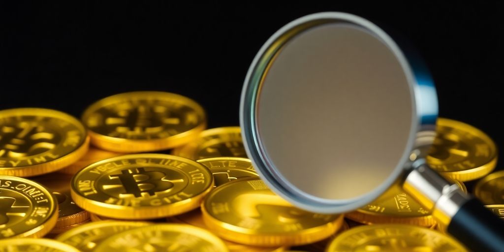 Pièces d'or brillantes disposées avec une loupe.