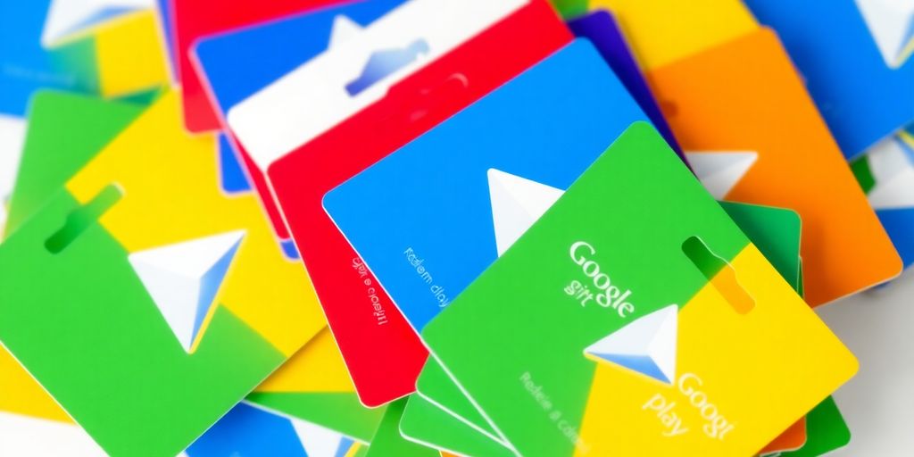 Colorful Google Play gift cards stacked together.