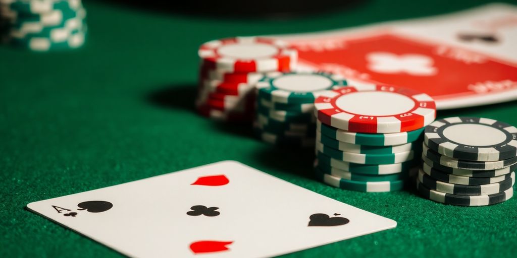 Casino chips and playing cards on felt.