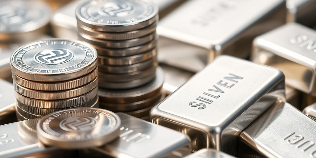 Pièces et lingots d'argent empilés