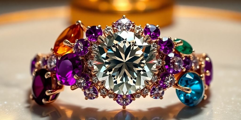 Zoom sur une bague en diamant avec des pierres rares.