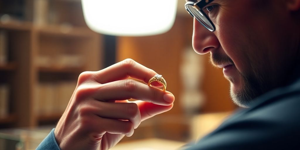 Un bijoutier examine une bague en or sous une lumière.