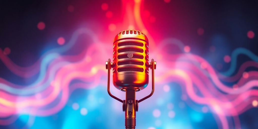 Podcast microphone with vibrant, energetic audio waves.