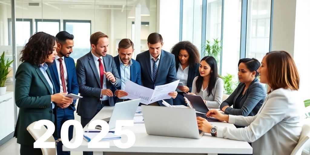 Group of financial consultants collaborating in a modern office.
