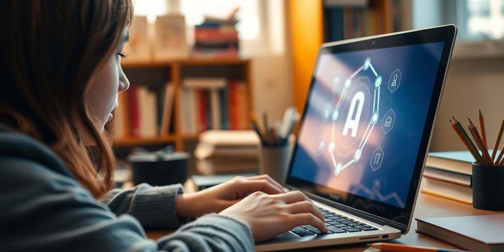 Student using laptop with AI interface in study.