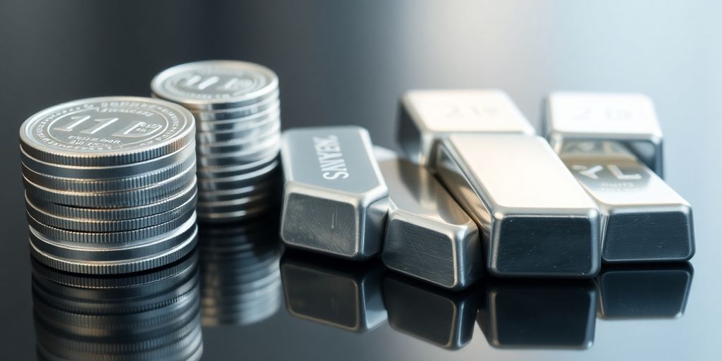 Pièces d'argent brillantes et lingots empilés