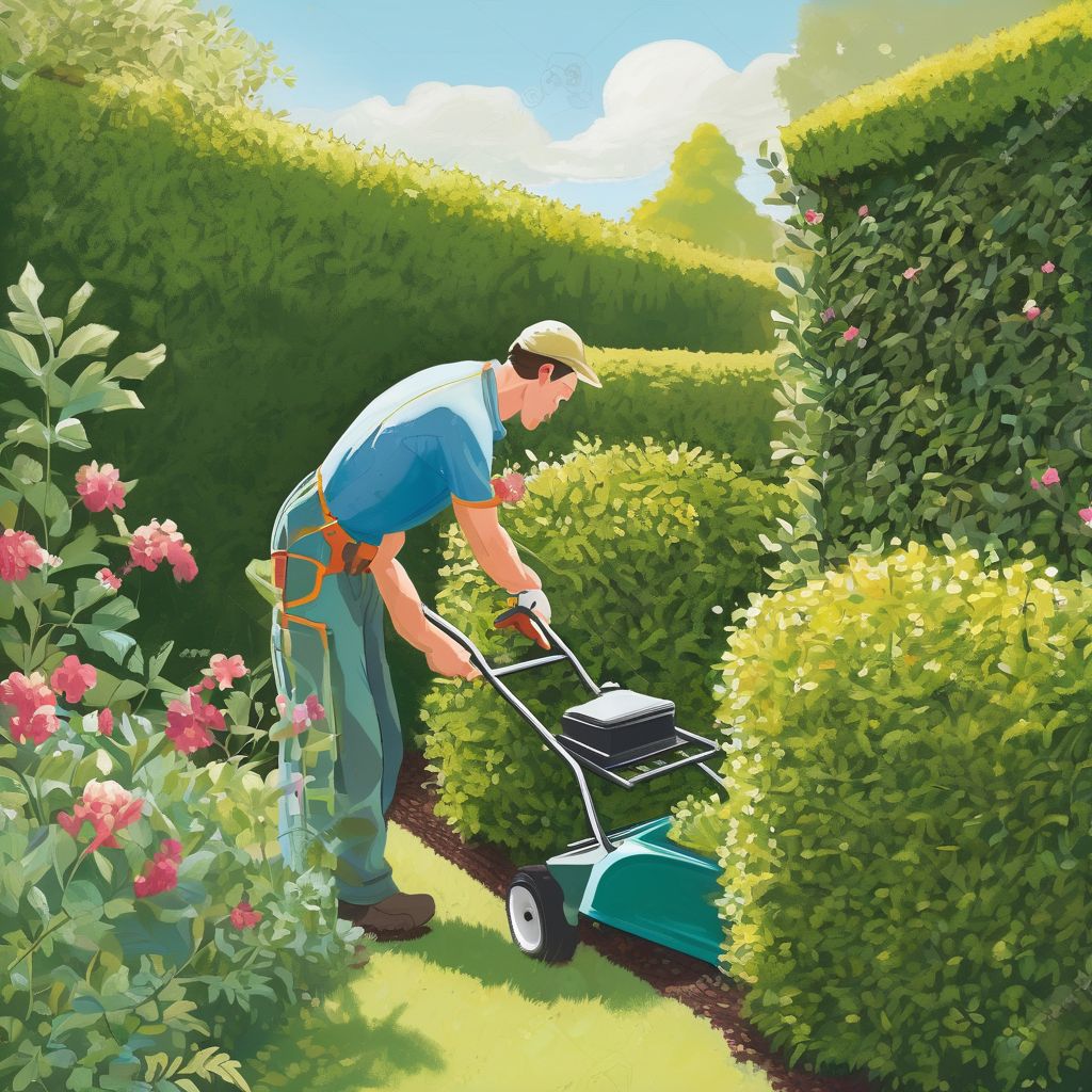 gardener trimming hedges in a sunny garden