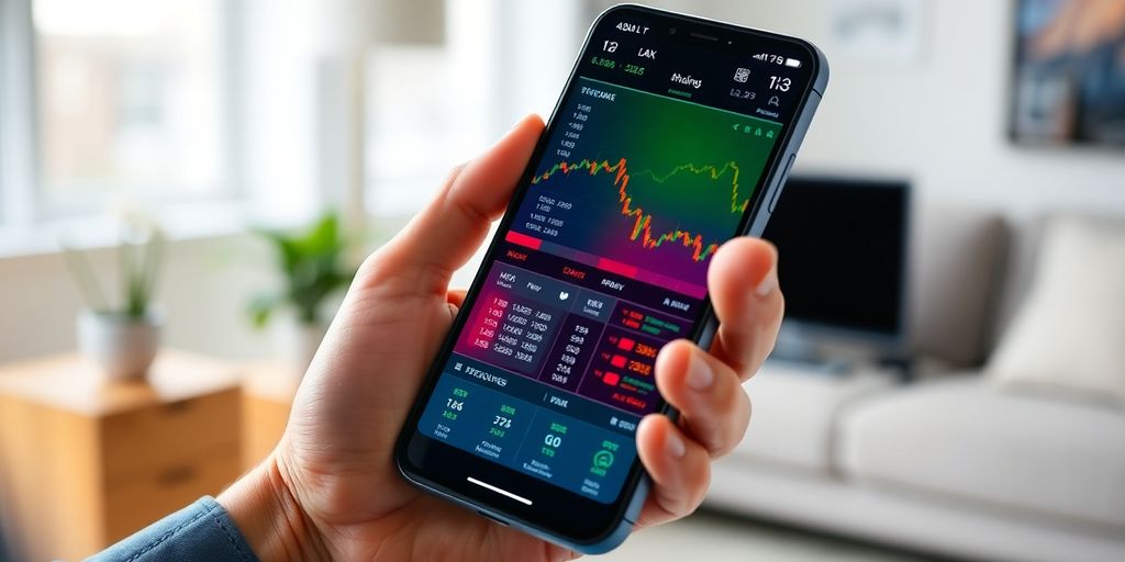 A person holding a phone with a trading app.
