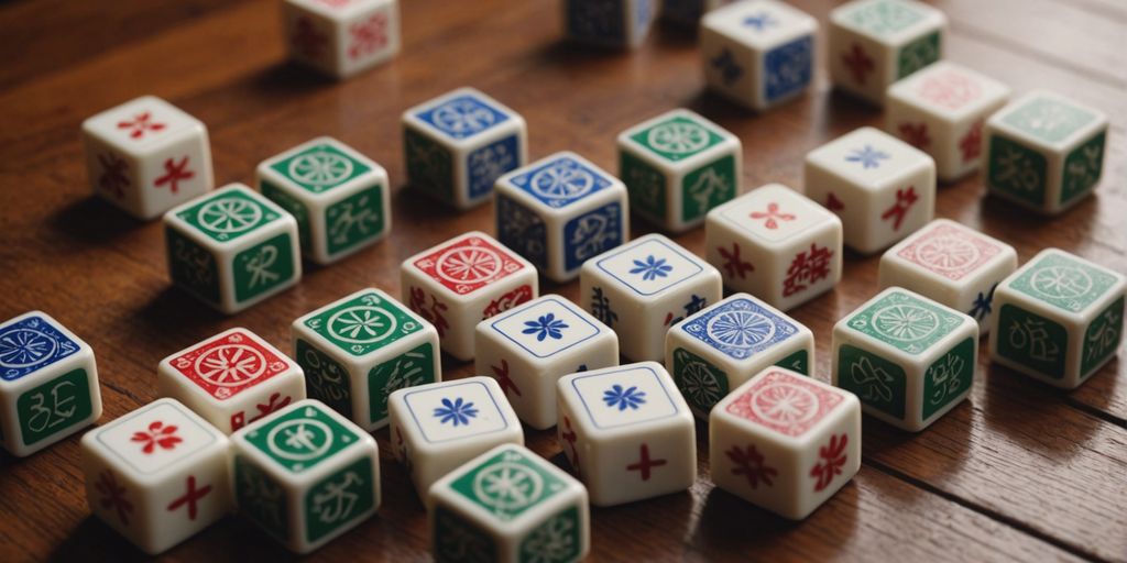 Various Mahjong tiles displayed on a wooden surface.