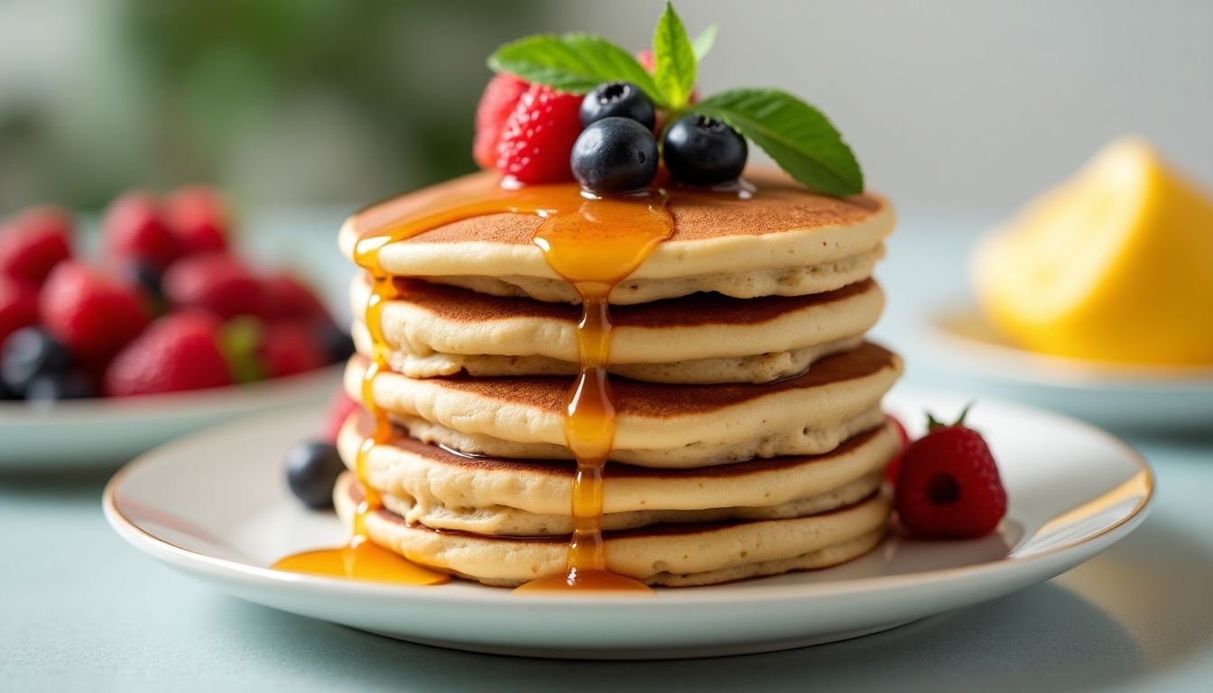 Whole grain pancakes with maple syrup and fresh berries.