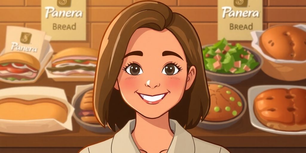 Person smiling, Panera Bread food in background.