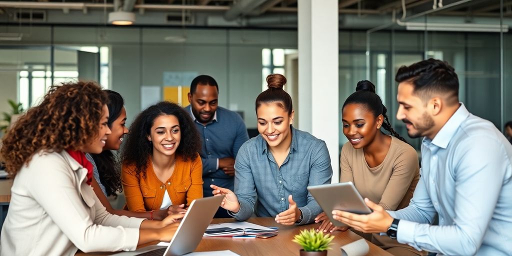 Diverse professionals collaborating in a modern office.